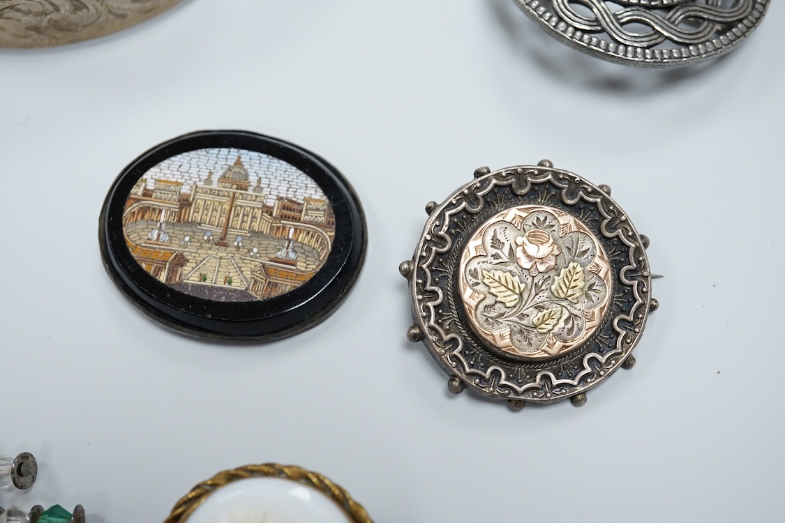 A group of mainly antique jewellery including micro-mosaic plaque, a pair of 9ct and coral drop earrings, a silver bangle, a George V enamel and silver brooch(a.f.) etc.